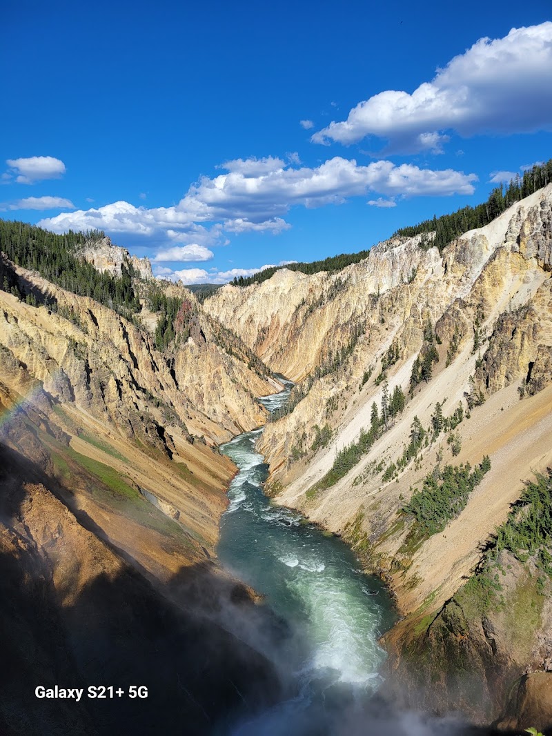 Golden canyon walls frame a turquoise river rushing through Upper Falls View in Yellowstone National Park under a bright blue sky.