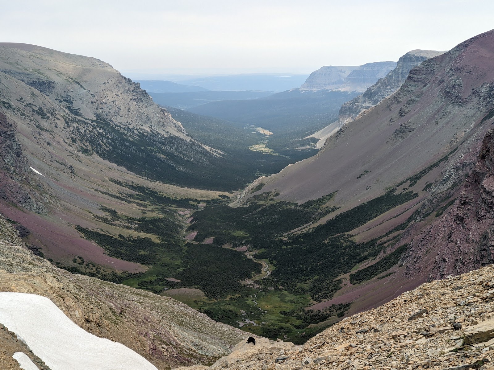 Glacier National Park viewpoint from Siyeh Pass Trailhead shows purple rocky walls, a green valley, and a winding stream.