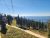Gondola lift travels over an alpine pine forest with a distant valley in Glacier National Park.