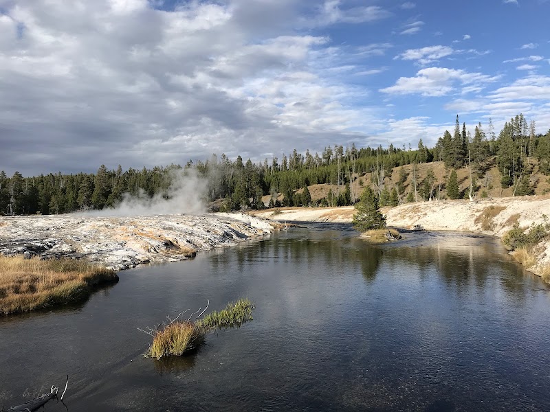 Castle Geyser vents steam over a calm river in Yellowstone National Park, with pine forests and mineral-white shores.