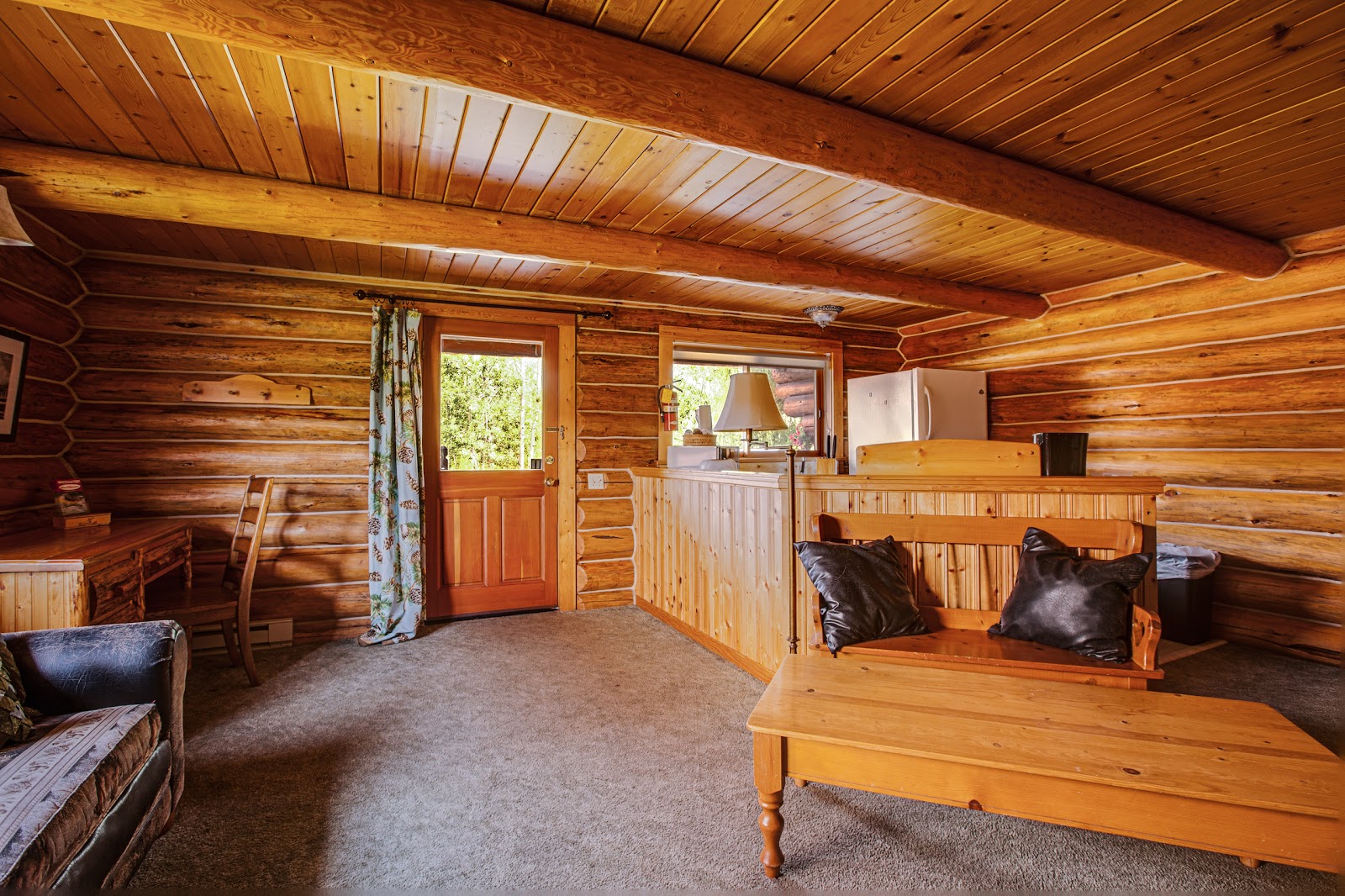 Log cabin interior in Glacier National Park lodge.