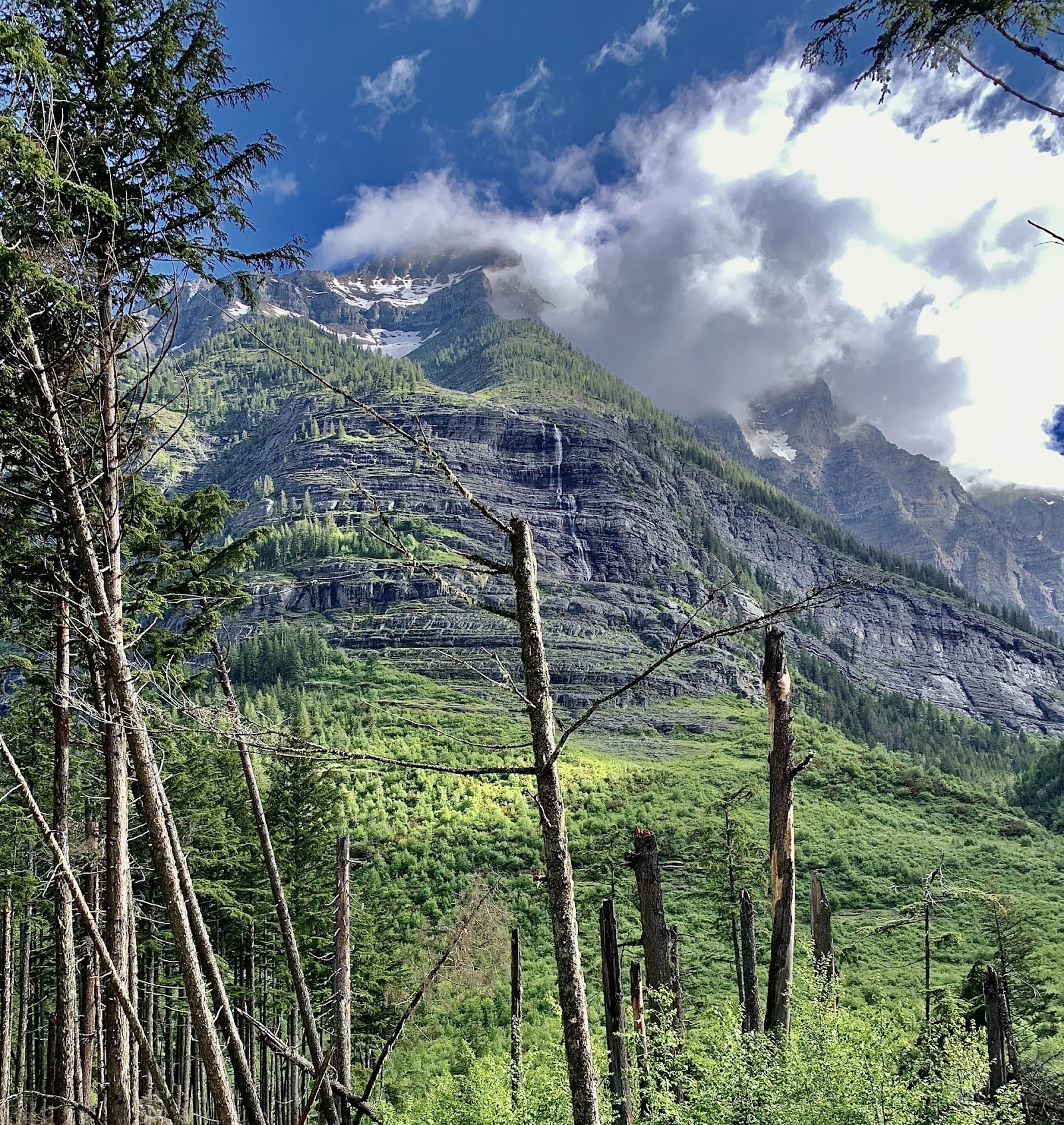 Gunsight Mountain rises above a lush valley in Glacier National Park, Montana, United States.