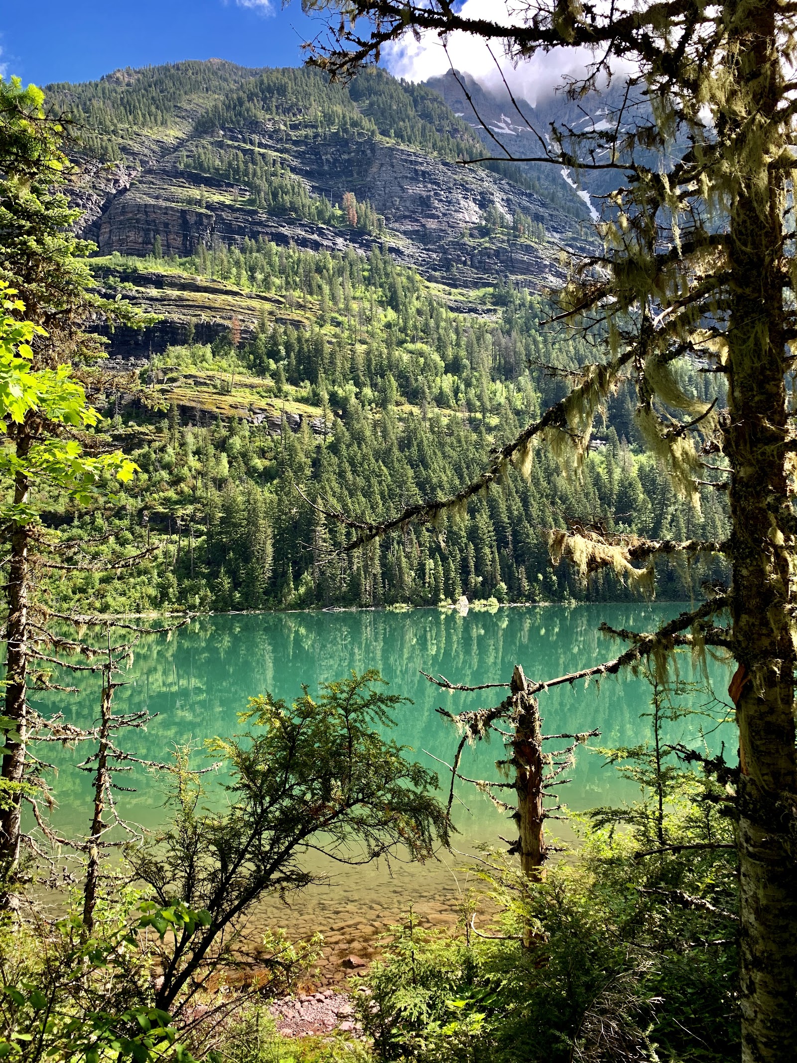 Gunsight Mountain overlooks a vivid turquoise lake framed by evergreen forests in Glacier National Park.