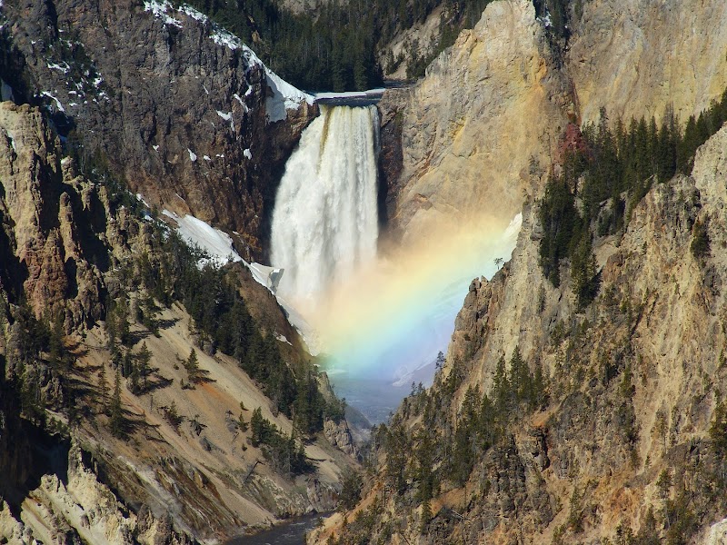 Lower Falls in the Grand Canyon of Yellowstone National Park cascades through rugged canyon walls with a rainbow across the mist.