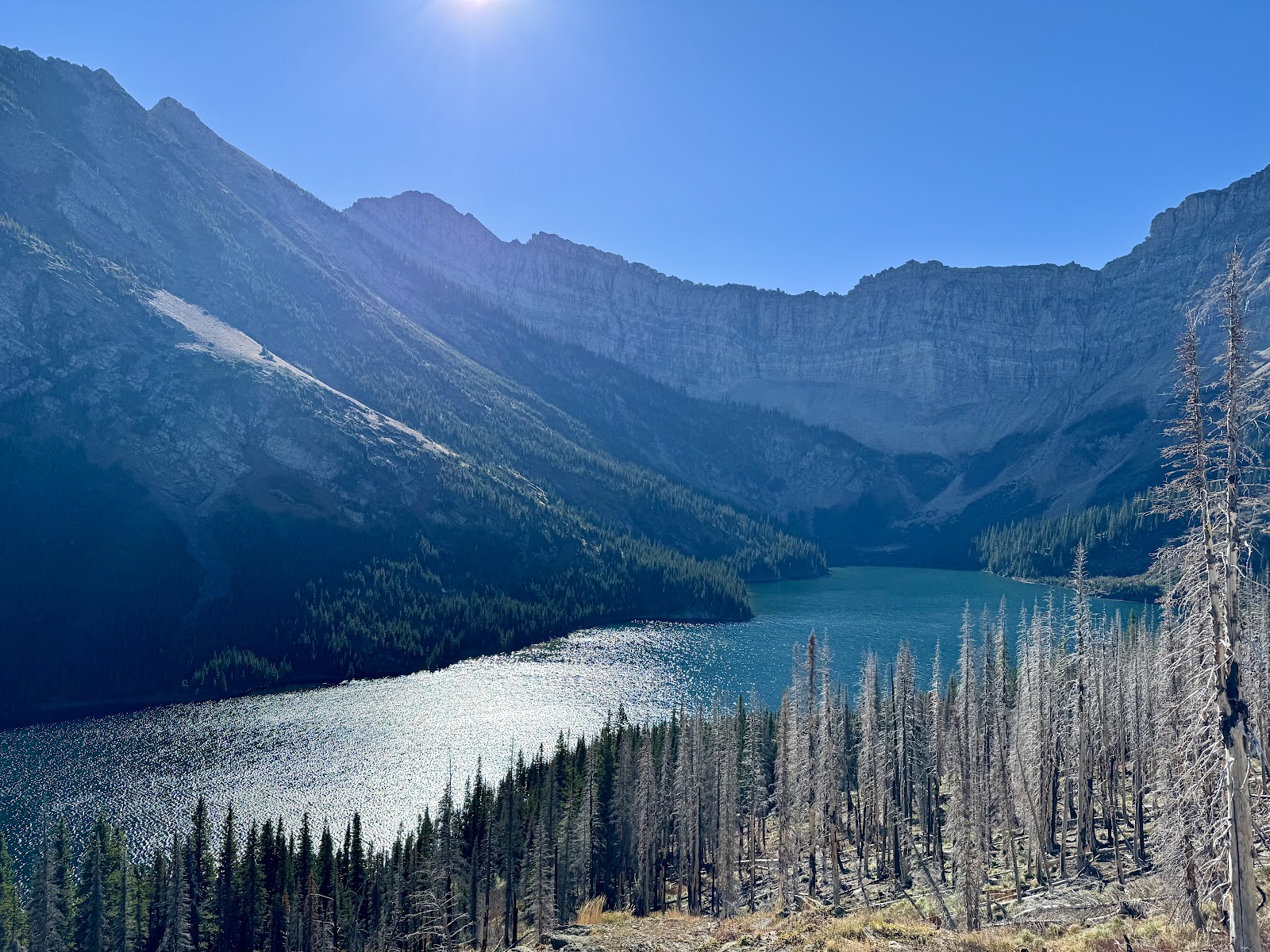 Bertha Trailhead overlook along a glacial valley and bright alpine lake in Glacier National Park