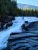 McDonald Falls at Glacier National Park cascades over layered rock with evergreen forest backdrop and blue sky.