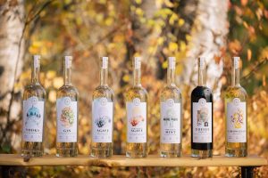 Assorted distilled spirits lined up on a wooden table in Glacier National Park during autumn.
