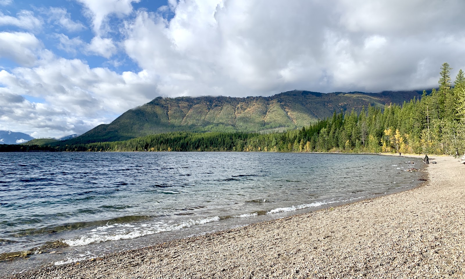 Pebble beach along a calm lake with forested mountains in Glacier National Park; hikers near the shore as clouds drift.