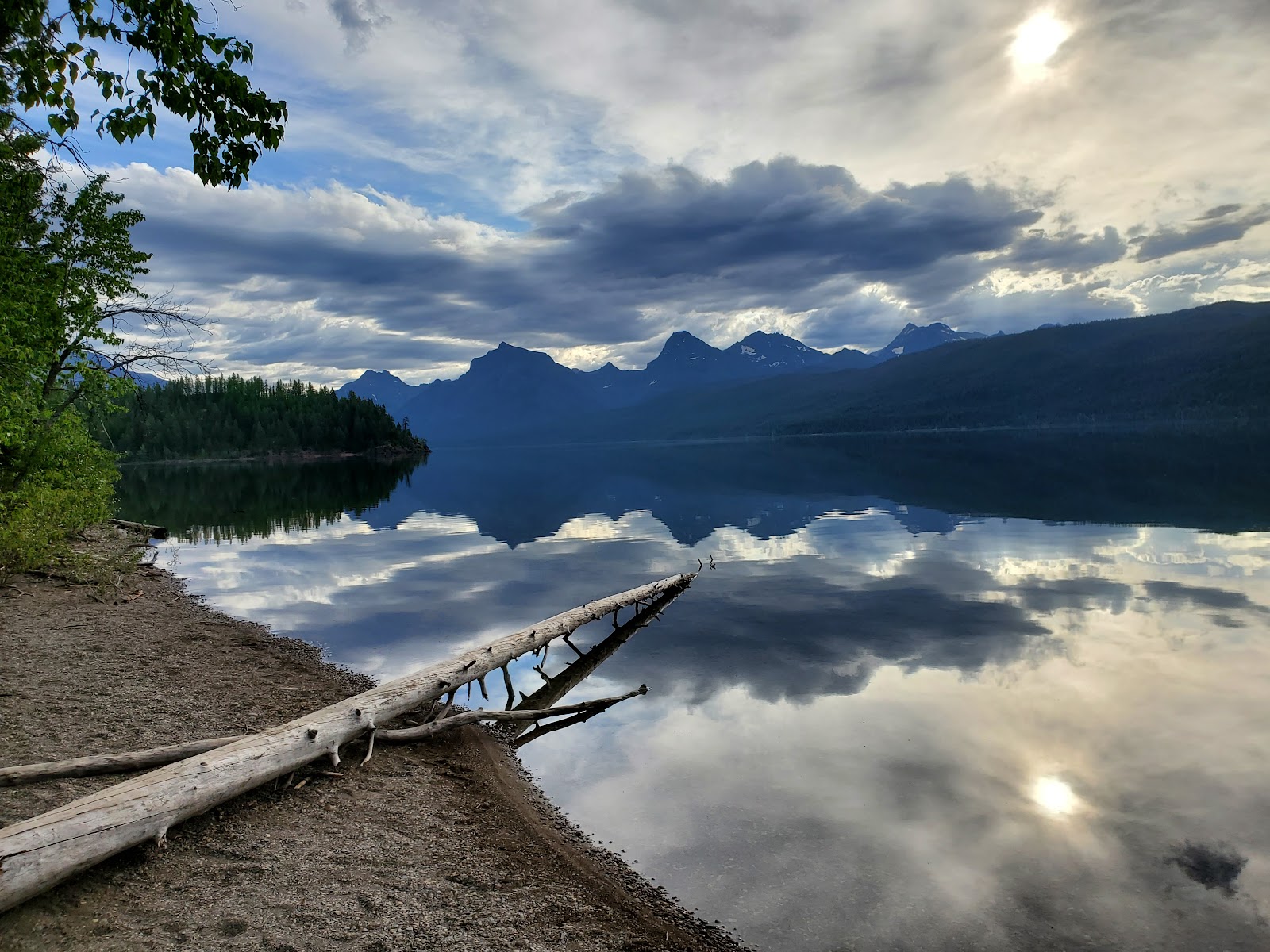 Glacier National Park lakeshore with a fallen log on a pebbled beach and snow-capped peaks reflected in calm water.