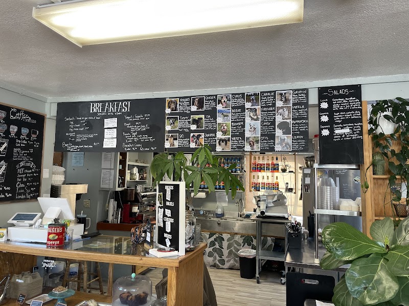 Interior of a cafe in Yellowstone National Park with chalkboard menus, a wooden counter, coffee equipment, and potted plants.