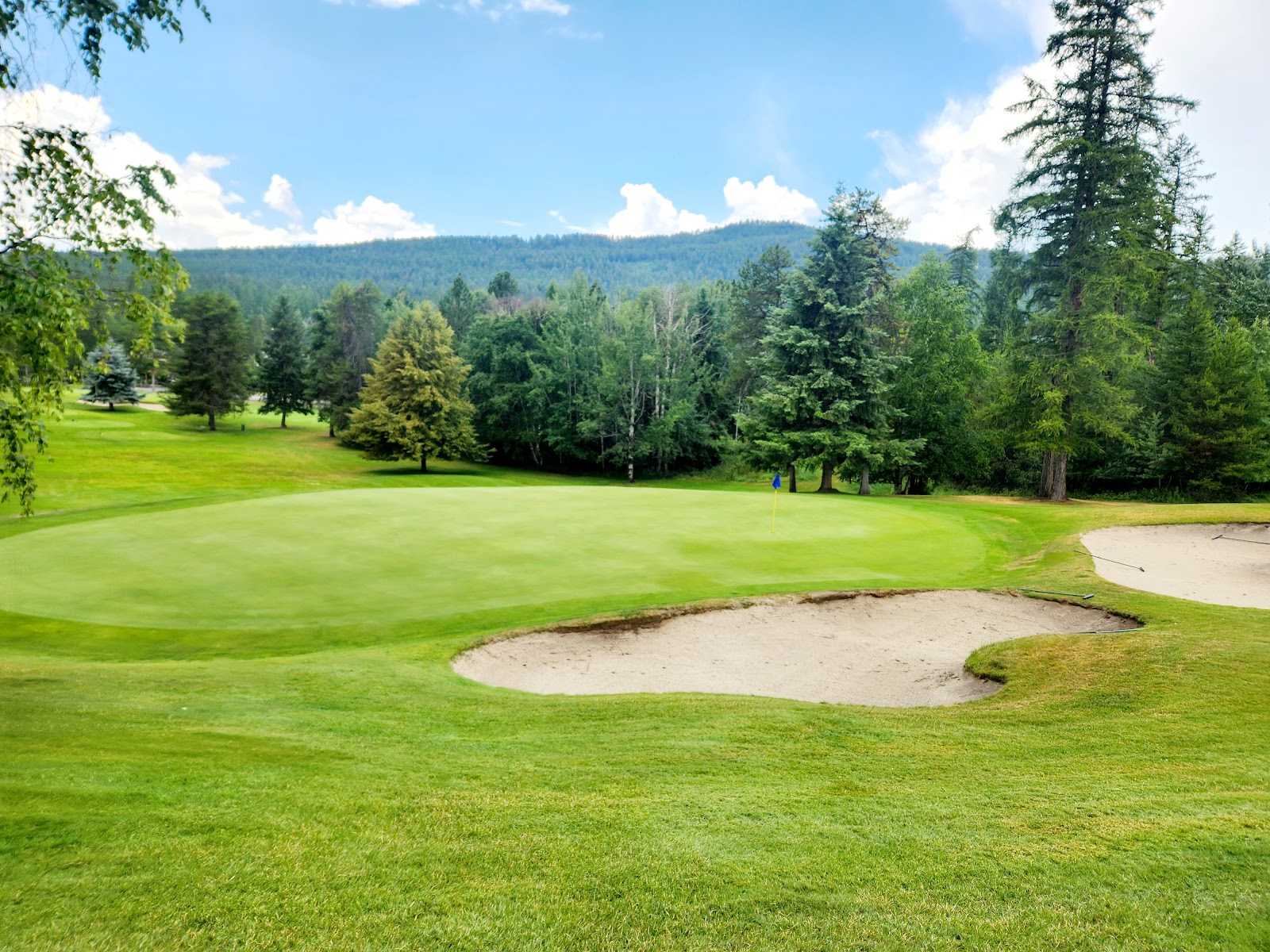 Whitefish Lake Golf Club green with sand bunkers and tall pines set against Glacier National Park scenery.