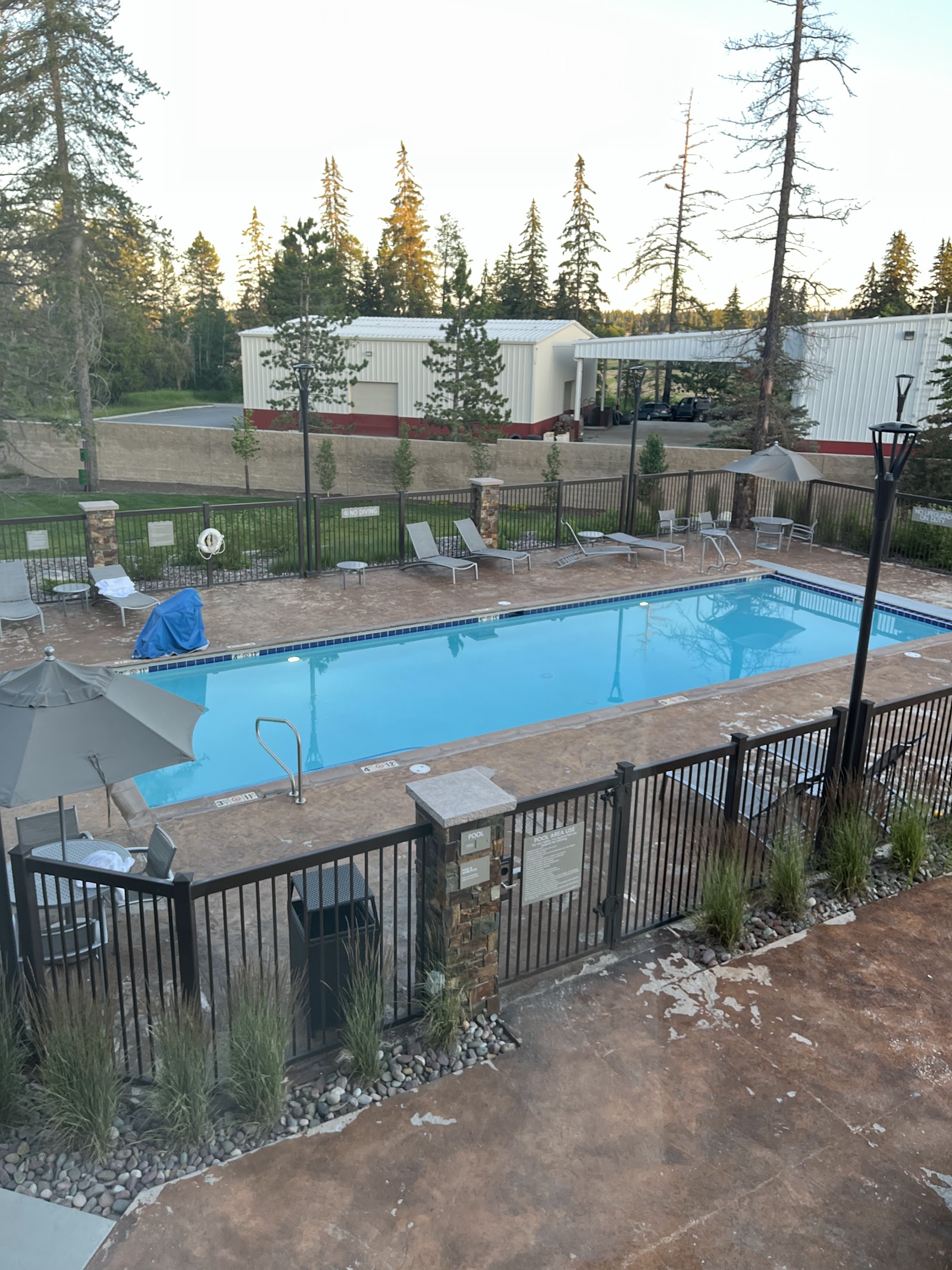 Outdoor hotel pool area near Glacier National Park, with lounge chairs, umbrellas, and tall pines surrounding a bright blue pool.