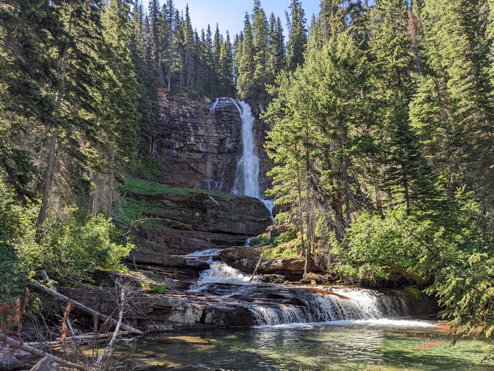 Virginia Falls plunges over rocky ledges into a pool, surrounded by pine and fir trees in Glacier National Park.