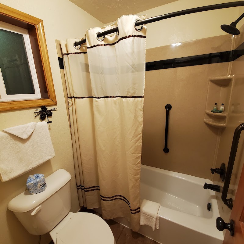 Cream shower curtain over a white tub with black grab bar, beige walls, towels and a window in a Yellowstone National Park bathroom.
