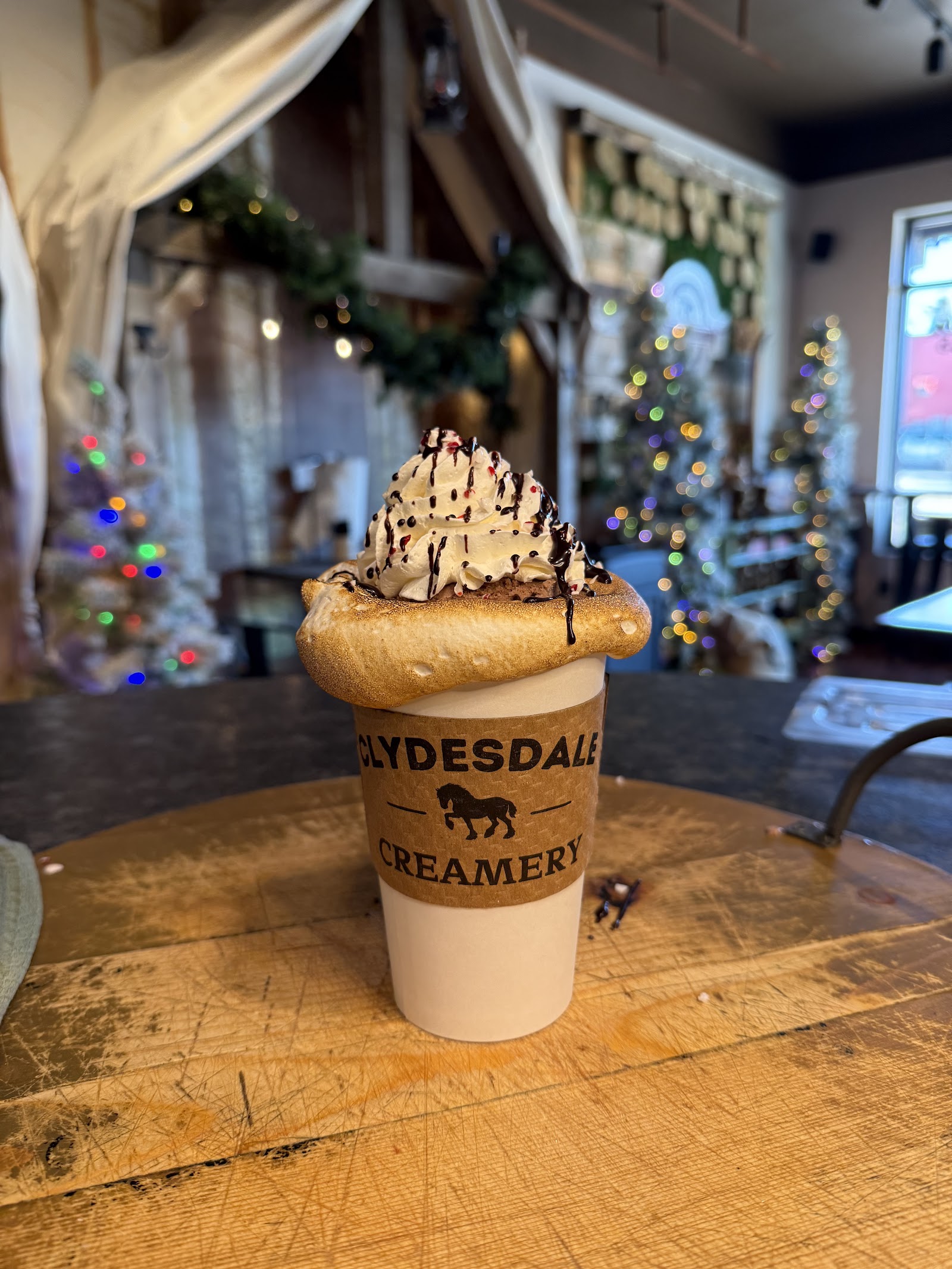 Whipped-cream topped drink from a Glacier National Park creamery cafe counter, with holiday decor in the background.