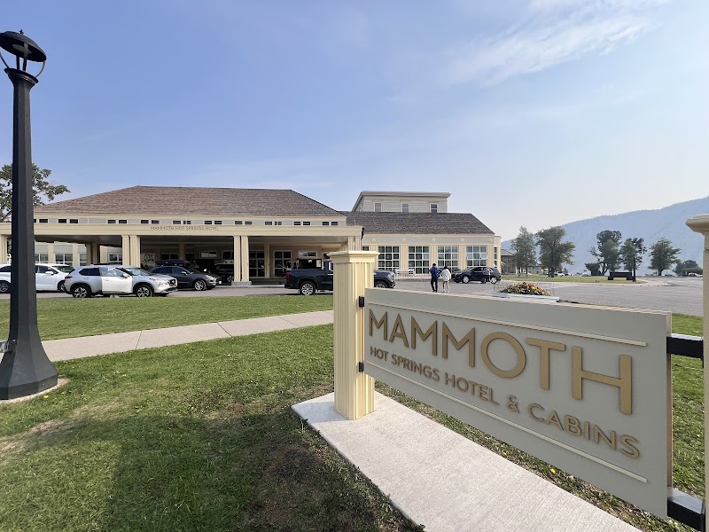 Beige lodge with a sprawling roof, rows of parked cars, and a lamppost in front, under a clear blue sky in Yellowstone National Park.