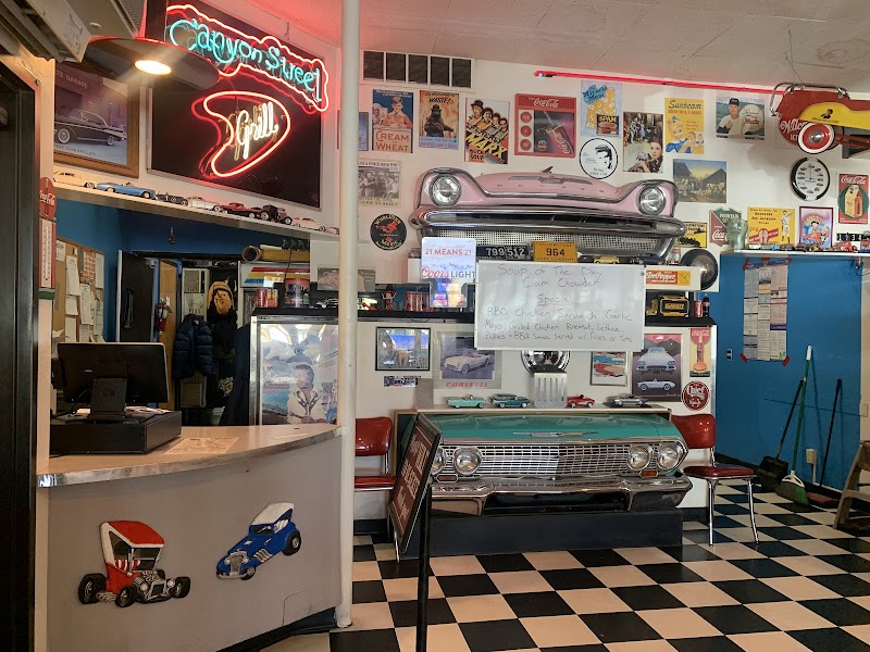Inside a retro diner in Yellowstone National Park with a checkered black-and-white floor, vintage car decor on the walls, and neon signs.