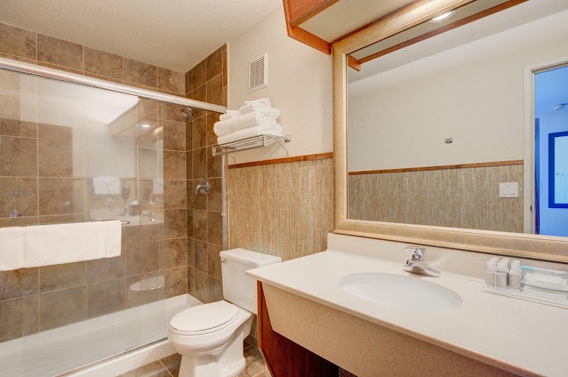 Modern bathroom with glass-enclosed shower, tan tile, toilet, single sink, large mirror, towels in Yellowstone National Park.