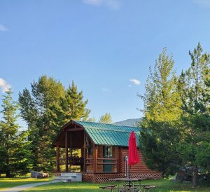 Log cabin with teal metal roof and covered porch, a red umbrella beside a picnic table, set among pines in Glacier National Park.
