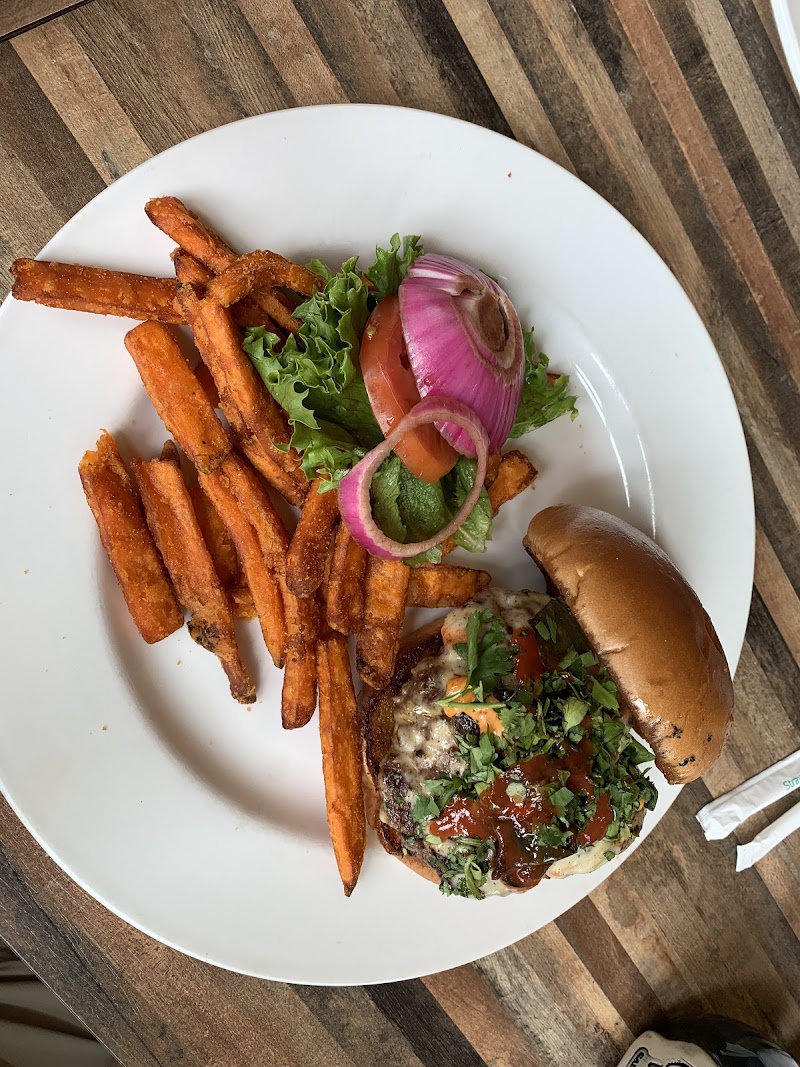 Cheeseburger with greens and drizzle, orange sweet potato fries, pickled onion slices on a wooden table in Yellowstone National Park.