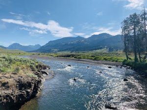 Exterior view of a rustic trailhead storefront with wooden signboards