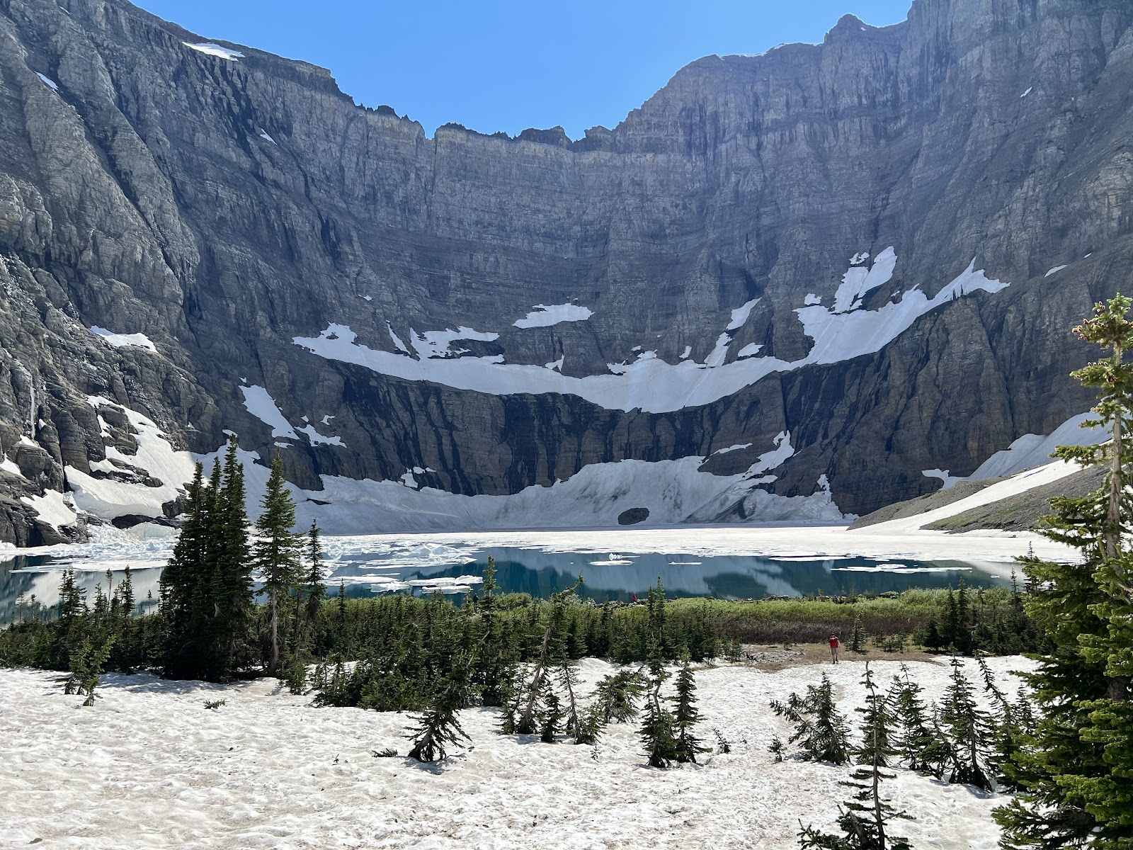 Iceberg Ptarmigan Trailhead overlooking a snow-dusted basin and icy Glacier Lake in Glacier National Park.