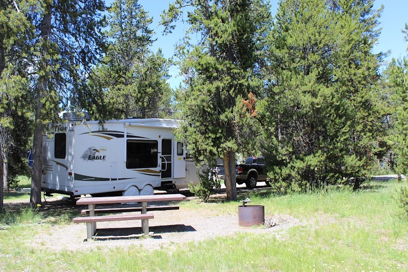 Bakers Hole Campground in Yellowstone National Park shows an RV parked among pines with a wooden picnic table and fire ring nearby.