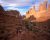 Hikers on a red rock trail in Arches National Park, with towering sandstone fins rising along a canyon wall.