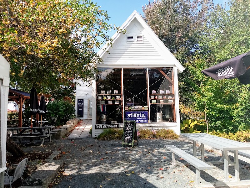 Small white storefront with large front windows, shelves of products, signs, and outdoor picnic tables at Acadia National Park.