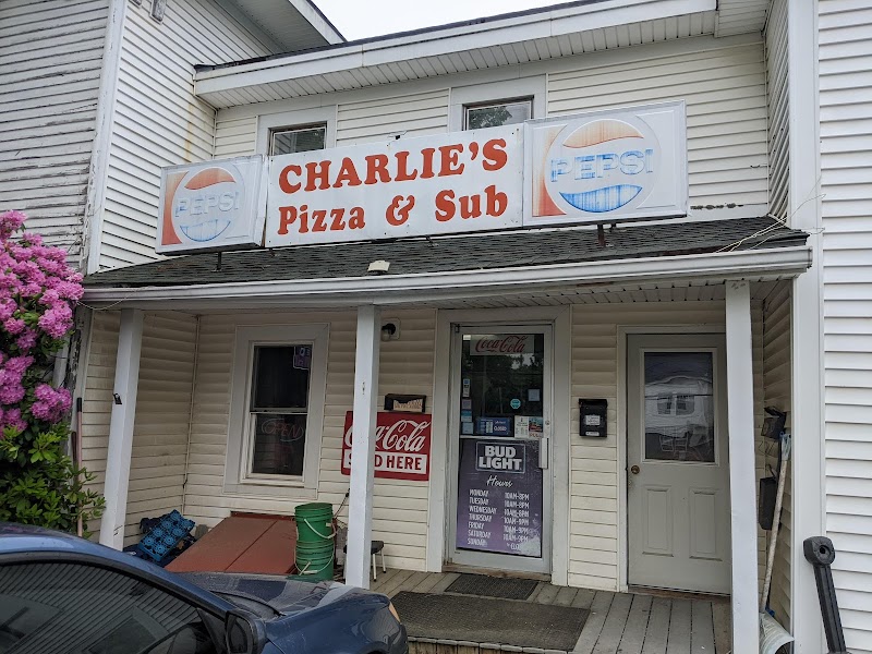 Pizza & Sub Shop storefront near Acadia National Park, a small roadside restaurant with a white facade and pink blossoms nearby.
