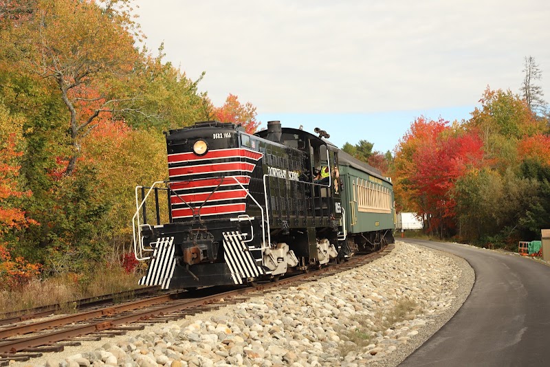 Black striped locomotive leads a green passenger coach along a curved track amid autumn foliage at Acadia National Park.