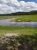 Yellowstone National Park meadow and creek with pine forest and distant mountains under a blue sky.