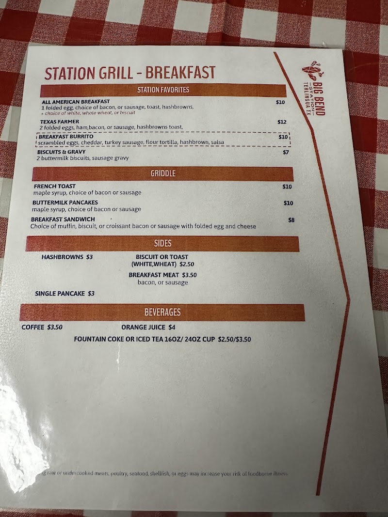 Breakfast menu from a grill in Big Bend National Park's lodge area, showing entrees and sides.