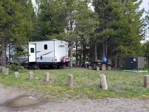 Exterior view of a tree-lined campground entrance with RVs and tents