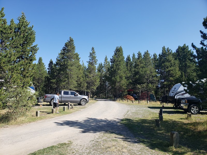 Shady campground in Yellowstone National Park with a gravel road, pine trees, tents and pickup trucks.