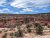 Sweeping view of layered red rock canyon with sparse shrubs and a bright blue sky in Arches National Park.