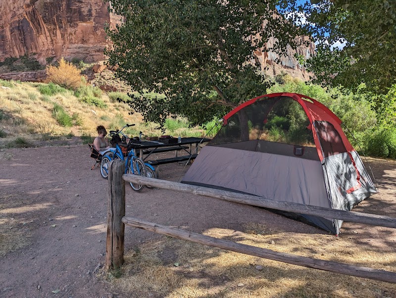 Campground scene at Arches National Park with a red and gray dome tent, blue bikes by a picnic table under shade.