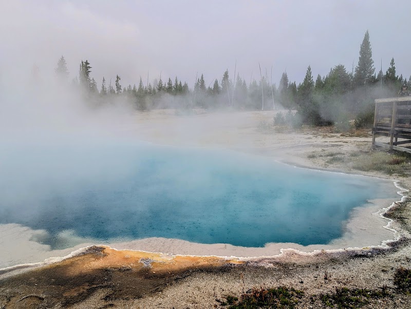 Blue geothermal pool with rising steam along a boardwalk edge, with pines in the distance, Yellowstone National Park.
