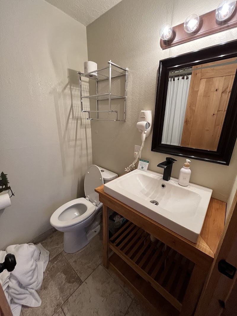 Yellowstone National Park bathroom with white sink on a wooden vanity, large mirror, hair dryer, toilet, and metal shelf.
