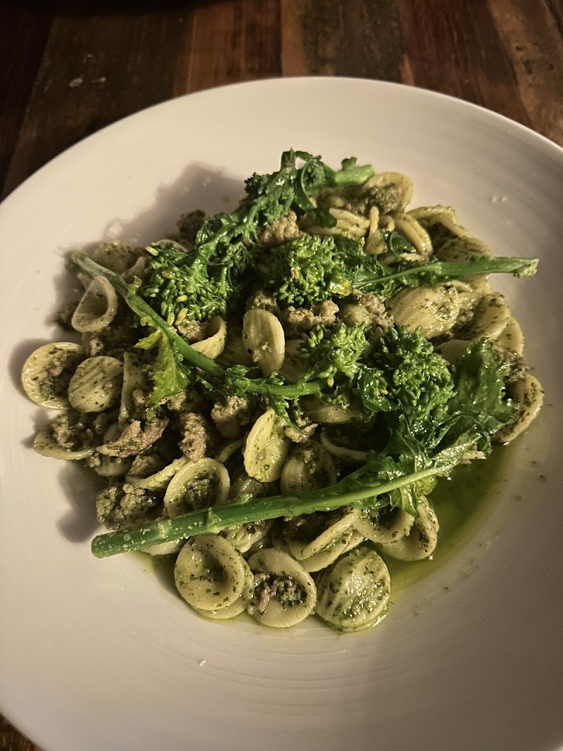 Plate of orecchiette pasta with green pesto, herbs, and greens on a white dish in Acadia National Park.