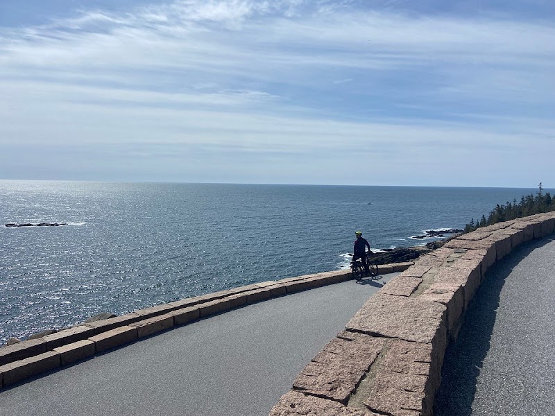 Cyclist rides along a paved coastal road beside a stone seawall in Acadia National Park, ocean and sky ahead.