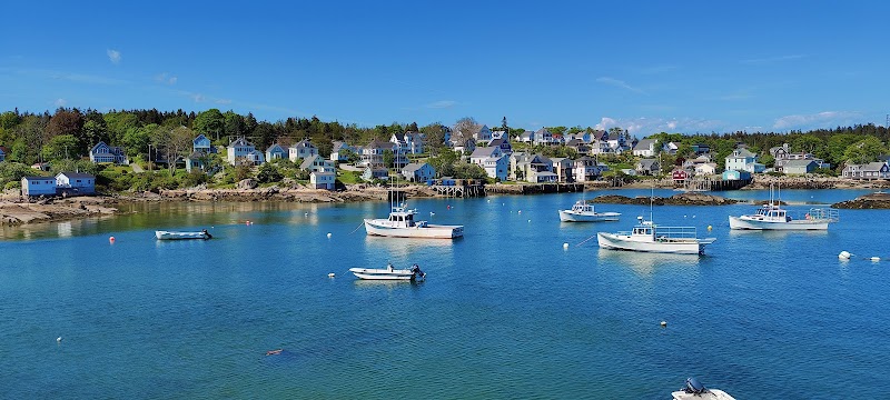 Stonington harbor scene in Acadia National Park, with moored boats and colorful shoreline homes lining the water.