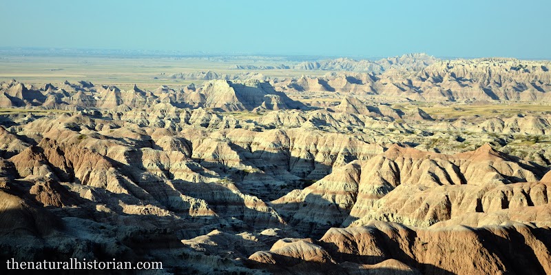 Expansive eroded badlands ridges and layered cliffs stretch across the desert, Badlands National Park.