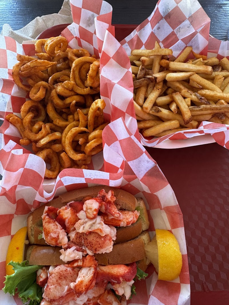 Lobster roll with fries and onion rings at a seaside restaurant in Acadia National Park.