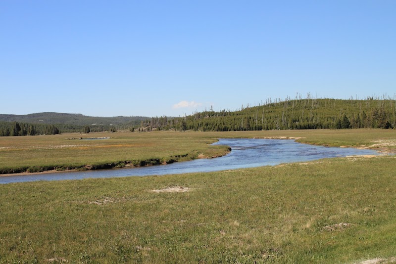 Yellowstone National Park meadow with a winding river, grassy flats, and distant forested hills under a clear blue sky.