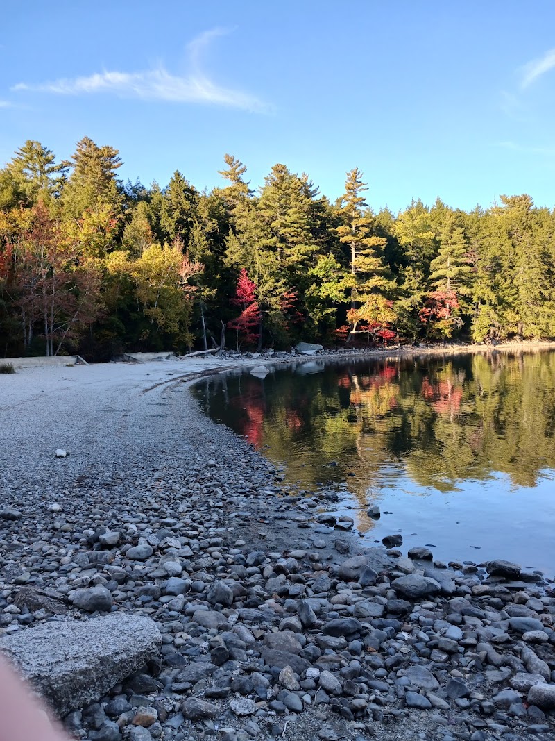 Orland shoreline along a rocky beach at Acadia National Park, with calm water reflecting autumn-colored trees.