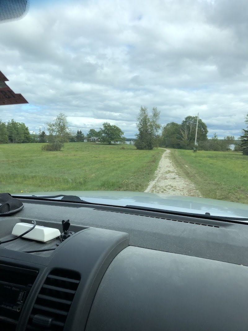 Gravel road in a grassy field near Surry in Acadia National Park, Maine, with trees and a distant shoreline under cloudy skies.