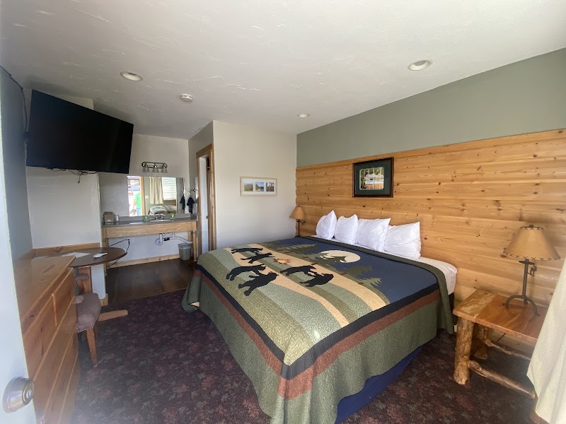Cozy Yellowstone National Park room with a wooden paneled wall, moose-themed quilt, twin nightstands, lamps, and a wall-mounted TV.