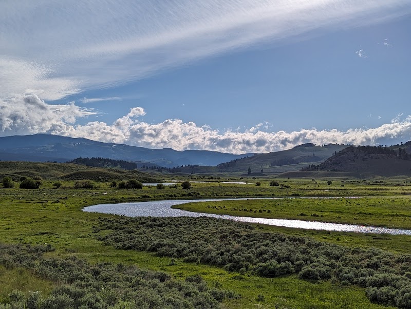 Slough Creek winds through grassy meadows with distant hills under a bright blue sky in Yellowstone National Park.