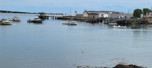 Gouldsboro Harbor in Acadia National Park shows a quiet coastal town scene with fishing boats and a weathered pier.